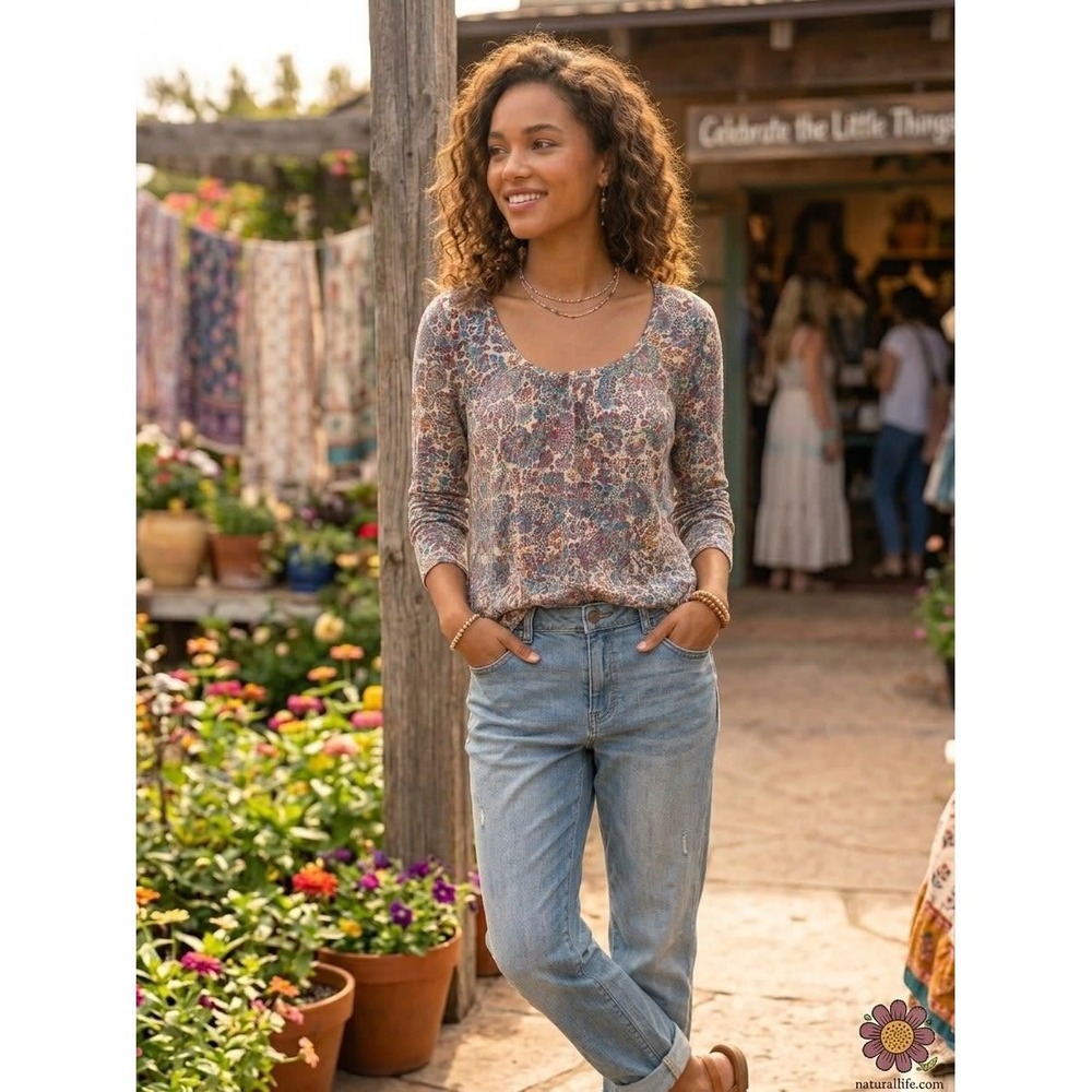 Natural Life Floral Paisley Long Sleeve Top L Cream Multicolor NWT Scoop Neck